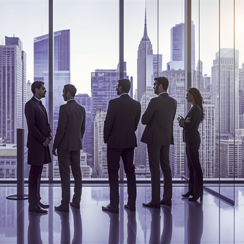 managers and lawyers overlooking city skyline