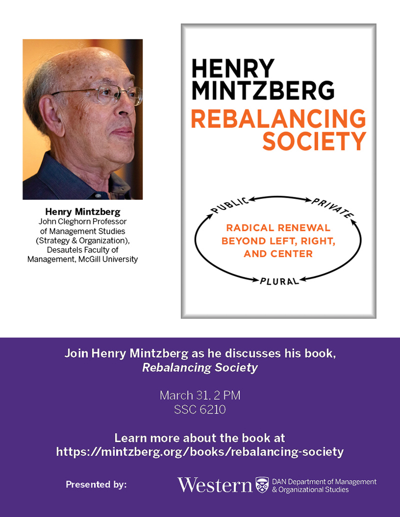 Poster for event featuring Henry Mintzberg as he discusses his book, Rebalancing Society  