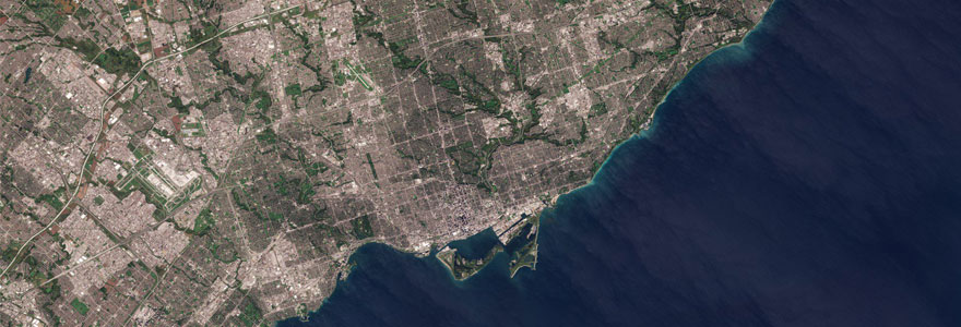 A satellite image of a portion of the Greater Toronto Area centred on Downtown Toronto and the Toronto Islands